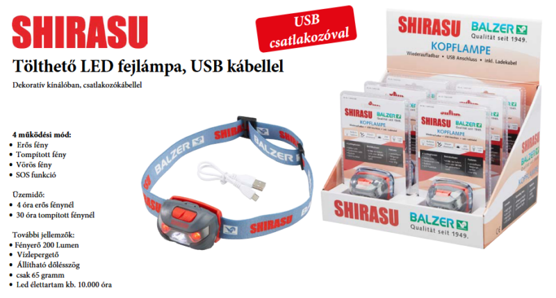 Balzer Shirasu tölthetős ledes fejlámpa (USB)
